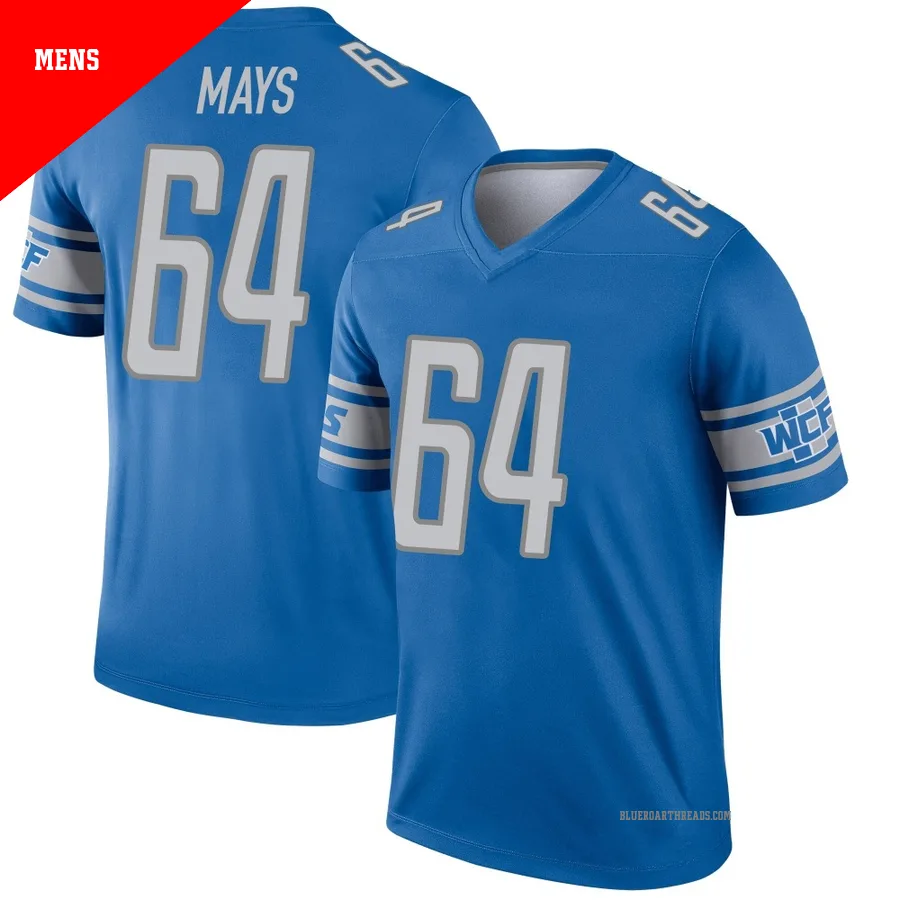 Men's Cade Mays ＃64 Detroit Lions Blue Legend Jersey