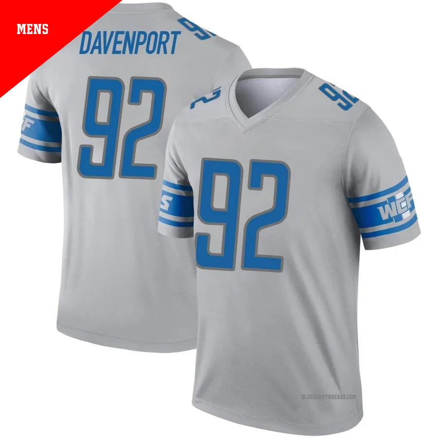 Men's Marcus Davenport ＃92 Detroit Lions Gray Legend Inverted Jersey