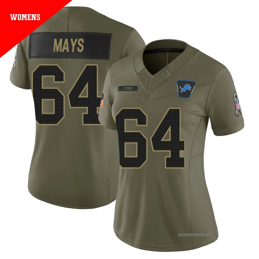 Women's Cade Mays ＃64 Detroit Lions Olive Limited 2025 Salute to Service Jersey