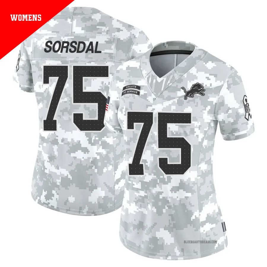Women's Colby Sorsdal ＃75 Detroit Lions Arctic Camo Limited 2024 Salute to Service Jersey