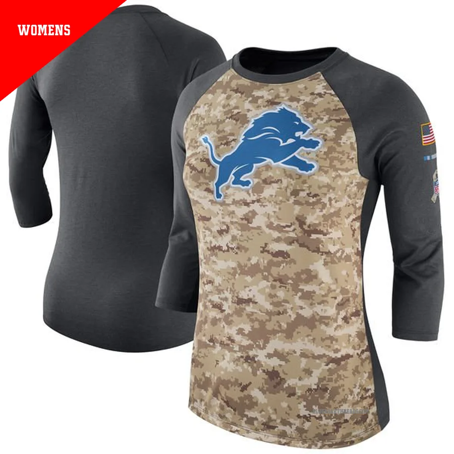 Women's Detroit Lions Camo/Charcoal Legend Salute to Service 2017 Three-Quarter Raglan Sleeve T-Shirt