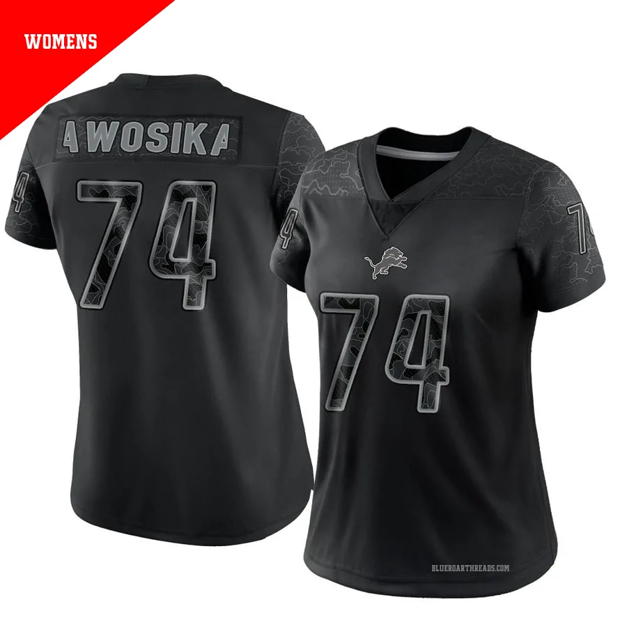 Women's Kayode Awosika ＃74 Detroit Lions Black Limited Reflective Jersey