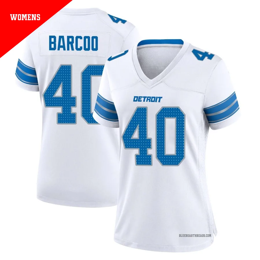 Women's Luq Barcoo ＃40 Detroit Lions White Game 2nd Jersey