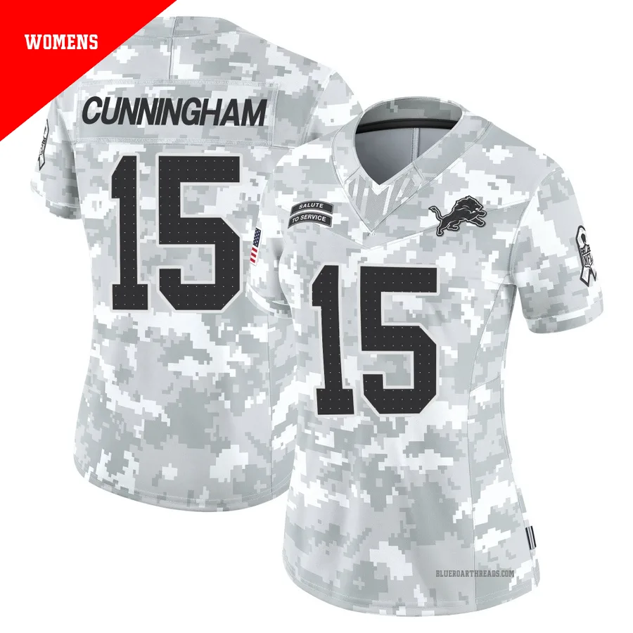 Women's Malik Cunningham ＃15 Detroit Lions Arctic Camo Limited 2024 Salute to Service Jersey