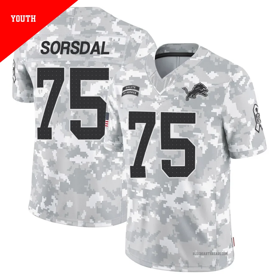 Youth Colby Sorsdal ＃75 Detroit Lions Arctic Camo Limited 2024 Salute to Service Jersey