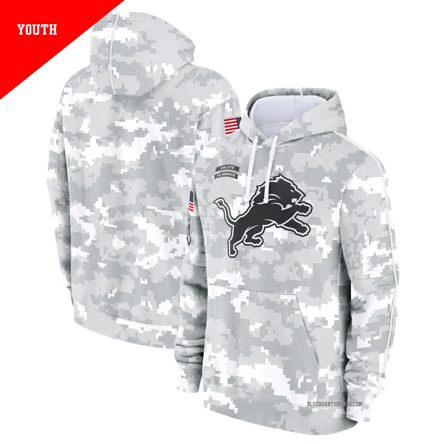 Youth Detroit Lions White/Gray 2024 Salute To Service Pullover Hoodie