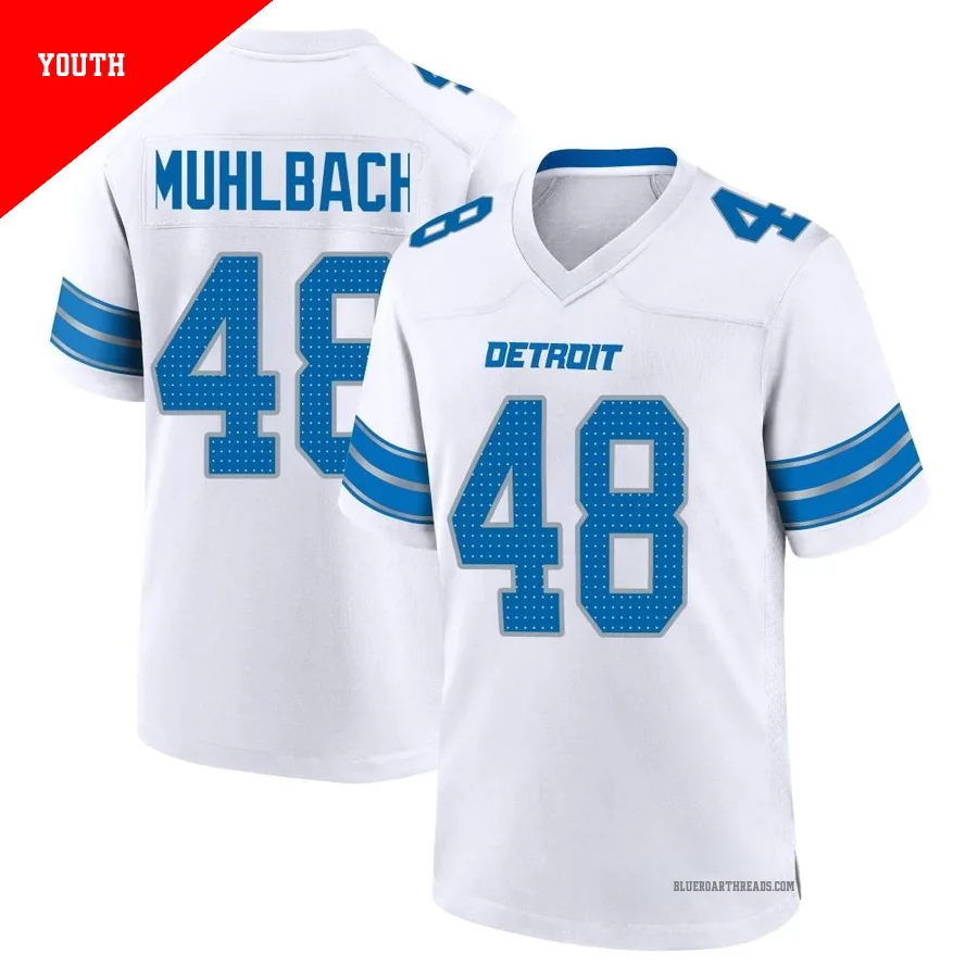 Youth Don Muhlbach ＃48 Detroit Lions White Game 2nd Jersey