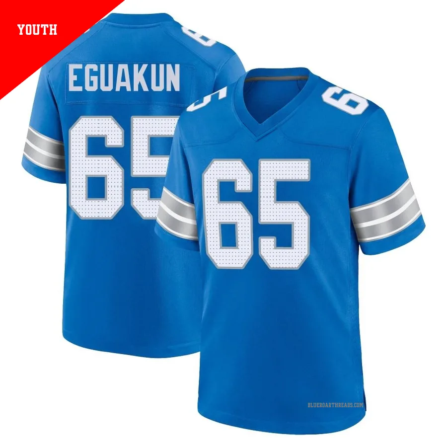 Youth Kingsley Eguakun ＃65 Detroit Lions Blue Game 2nd Jersey