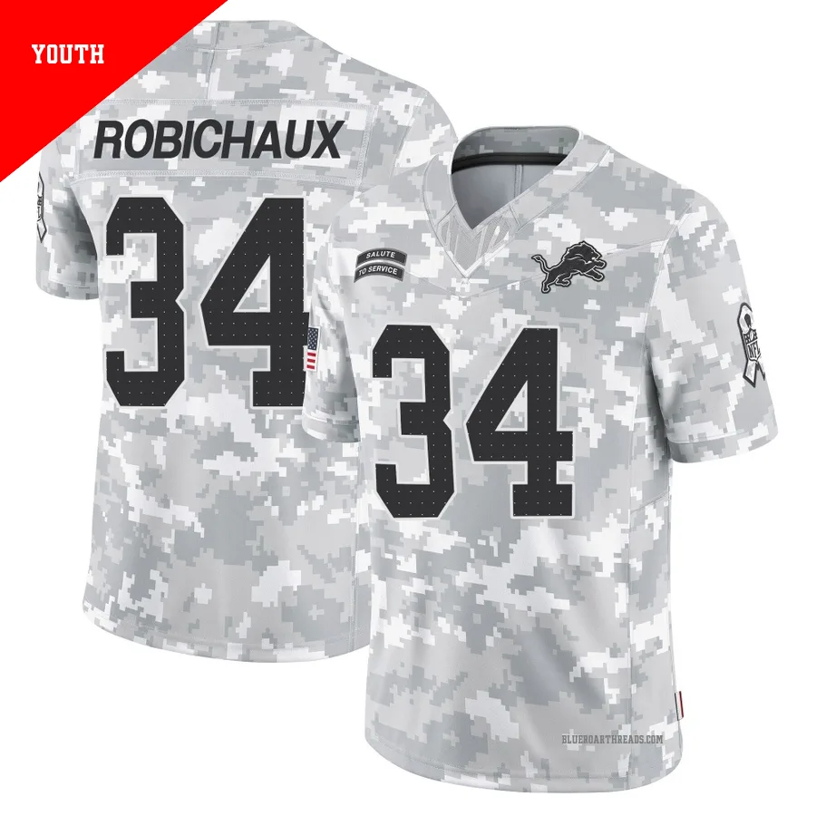 Youth Kye Robichaux ＃34 Detroit Lions Arctic Camo Limited 2024 Salute to Service Jersey
