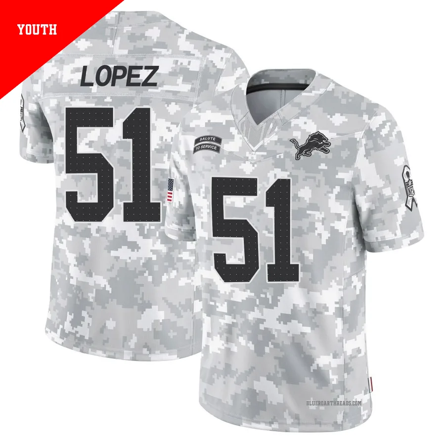 Youth Roy Lopez ＃51 Detroit Lions Arctic Camo Limited 2024 Salute to Service Jersey