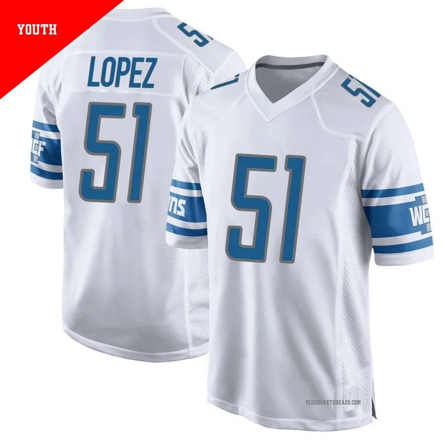 Youth Roy Lopez ＃51 Detroit Lions White Game Jersey