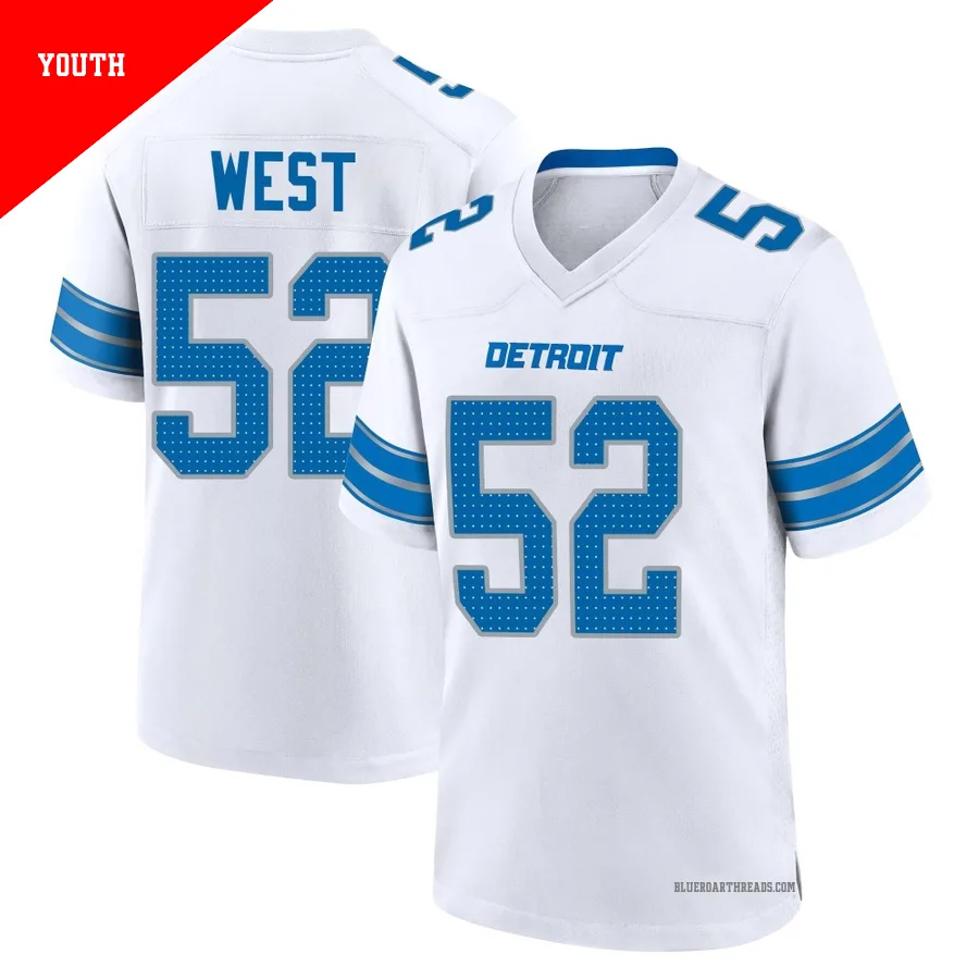 Youth Tyre West ＃52 Detroit Lions White Game 2nd Jersey