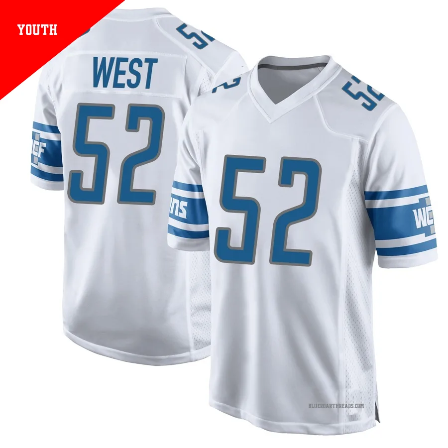 Youth Tyre West ＃52 Detroit Lions White Game Jersey